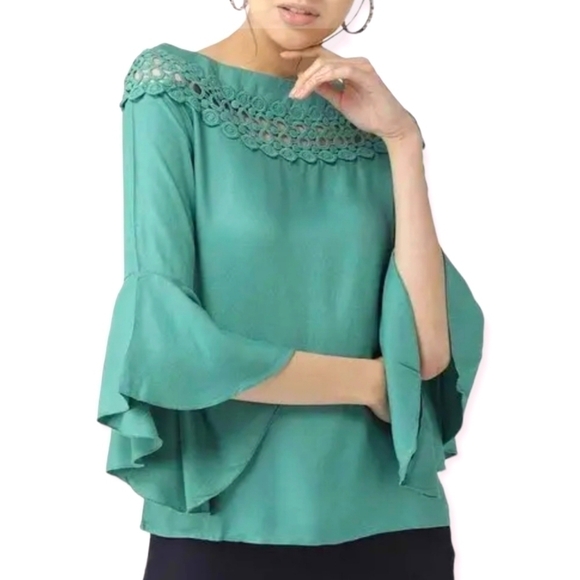 Teal Crochet Eyelet Lace Bell Flare Sleeve A Line Blouse Size Small - Picture 4 of 10